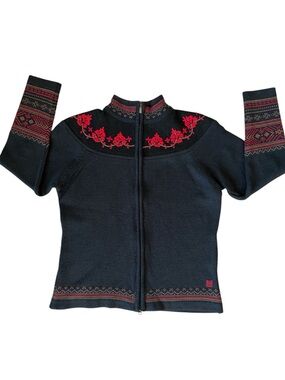 DALE OF NORWAY Black Wool Full-Zip Sweater Floral Embroidery Nordic Size Medium